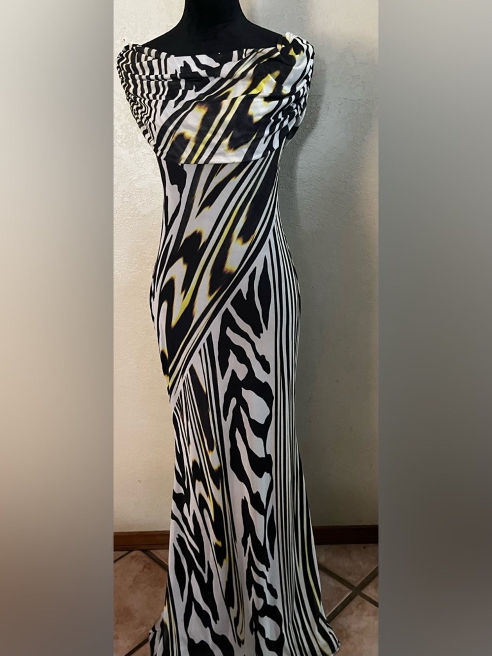 AFRM Black, White and Yellow Off-Shoulder Animal-Print Maxi Dress